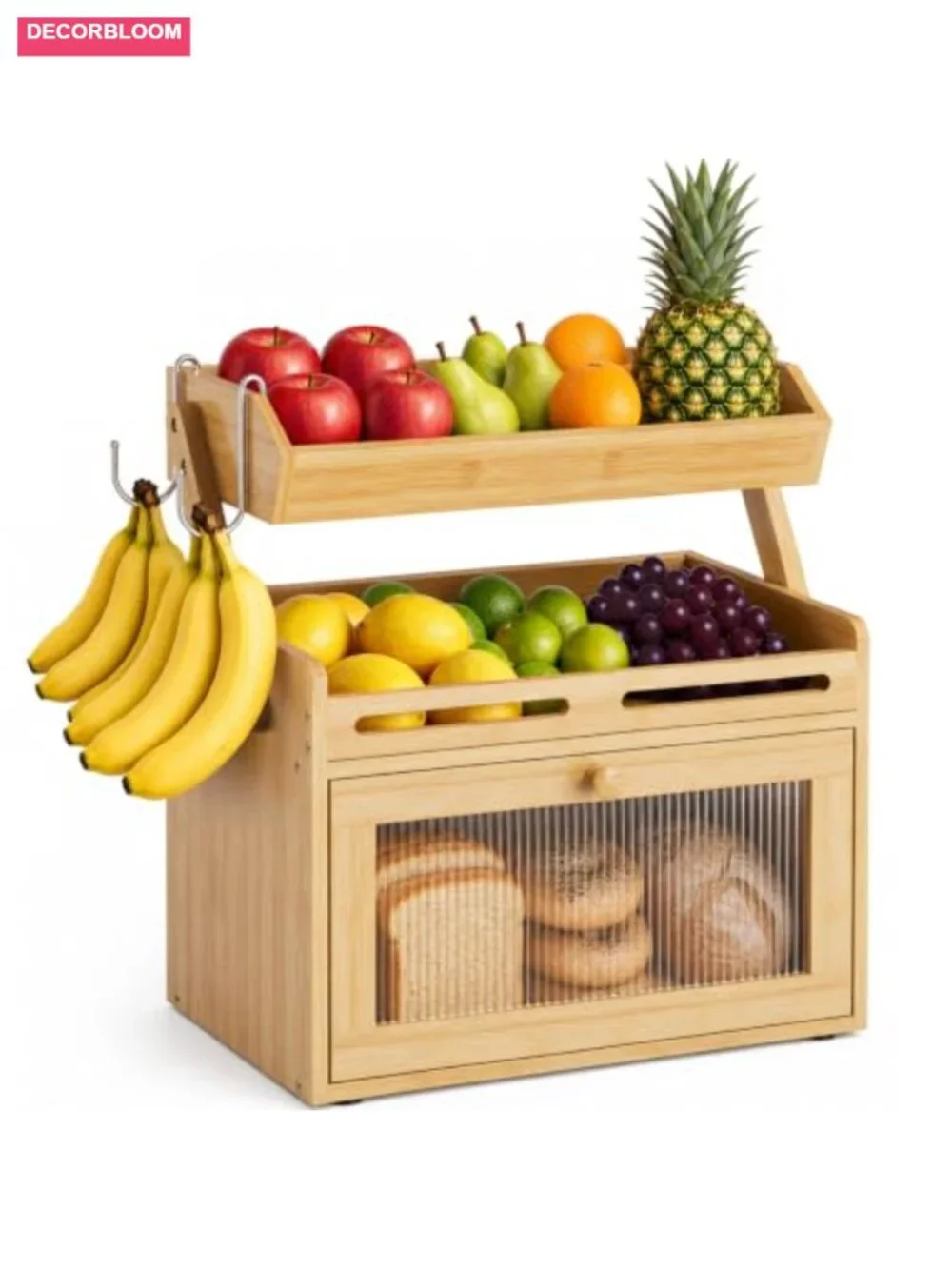 Bamboo Bread Box with Fruit Basket, Clear Door Magnetic Closure, Kitchen